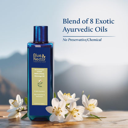 Blue Nectar Sensuous Jasmine Body Massage Oil – Relaxing Ayurvedic Massage Oil with Essential Oils (6.76 fl oz, 8 herbs)
