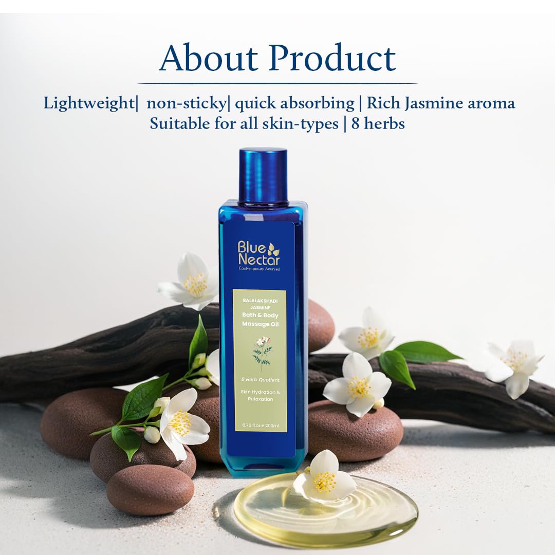 Blue Nectar Sensuous Jasmine Body Massage Oil – Relaxing Ayurvedic Massage Oil with Essential Oils (6.76 fl oz, 8 herbs)