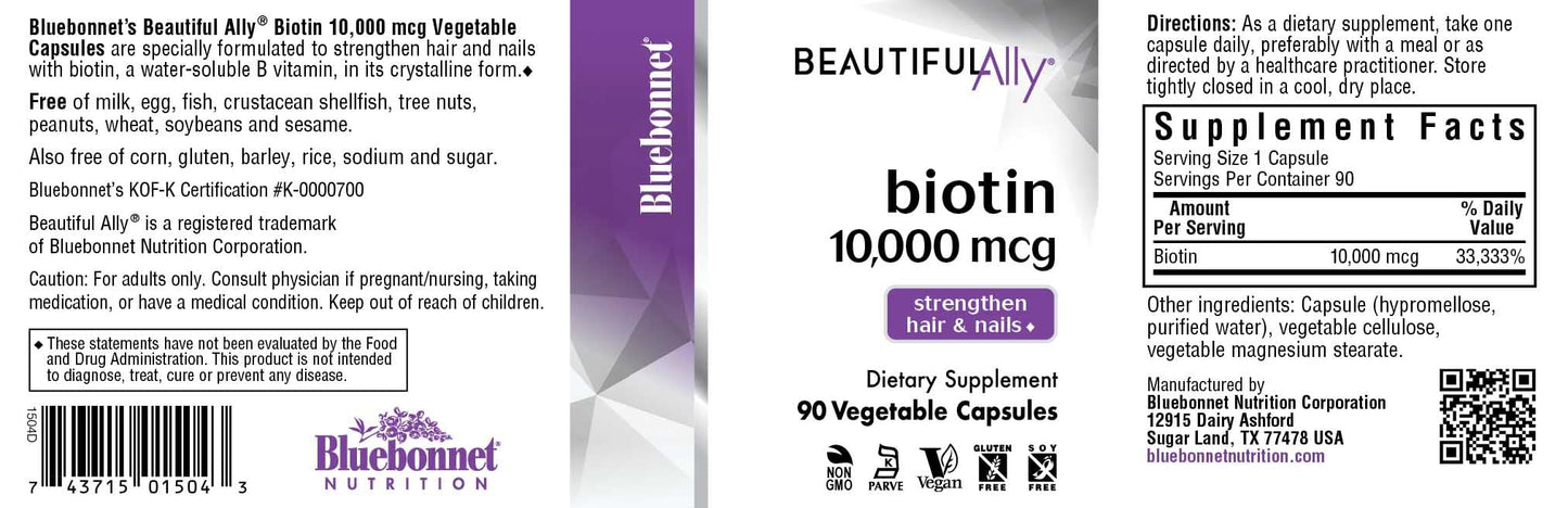 Bluebonnet Beautiful Ally Biotin 10,000 mcg – Hair & Nails, 90 Veg Capsules