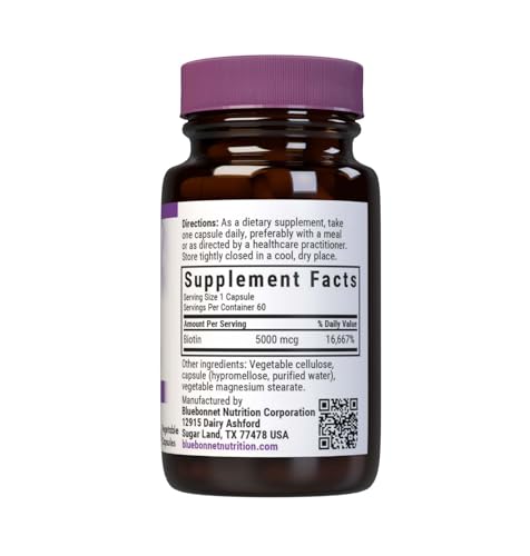 Bluebonnet Biotin 5000 mcg - Hair & Nail Support, 60 Veg Capsules