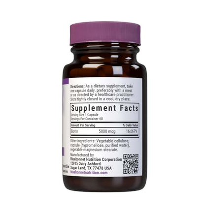 Bluebonnet Biotin 5000 mcg - Hair & Nail Support, 60 Veg Capsules
