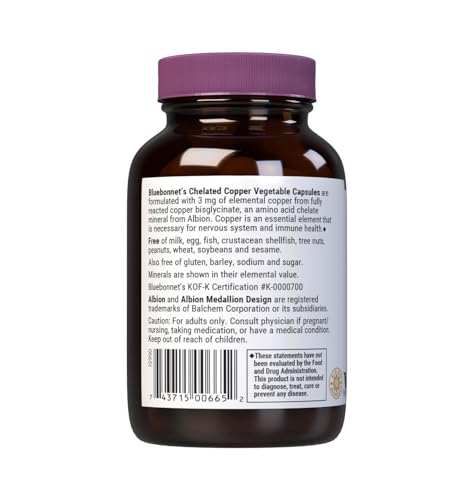 Bluebonnet Albion Chelated Copper 3 mg - Nervous System & Immune Health | 90 Veg Capsules