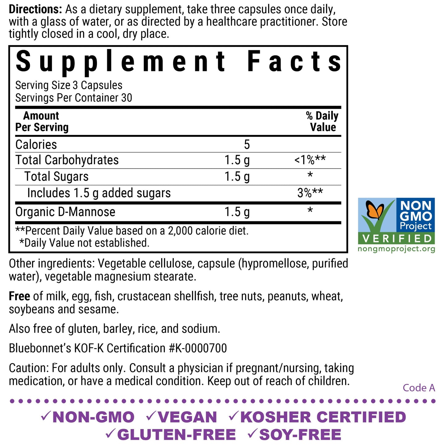 BlueBonnet D-Mannose 500 mg – Urinary Health Support (90 Veg Capsules)