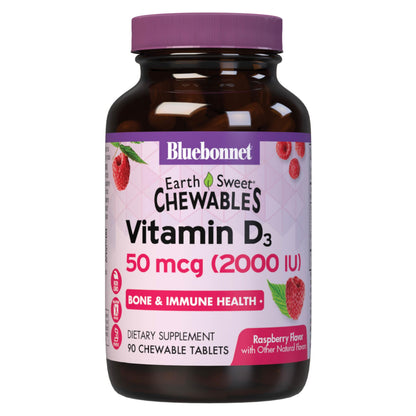 Bluebonnet Nutrition EarthSweet Vitamin D3 2000 IU Raspberry Chewable Tablets – Non-GMO, Gluten-Free, Kosher