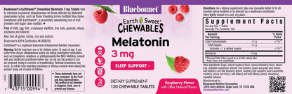 Bluebonnet EarthSweet Melatonin 3 mg Fast-Acting Chewables – Restful Sleep, Gluten-Free & Vegan, Raspberry (120 ct)