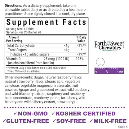 Bluebonnet EarthSweet Vitamin D3 1000 IU Raspberry Chewable Tablets | Bone & Immune Support (90 count) - Soy-Free, Gluten-Free, Non-GMO