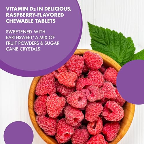 Bluebonnet EarthSweet Vitamin D3 1000 IU Raspberry Chewable Tablets | Bone & Immune Support (90 count) - Soy-Free, Gluten-Free, Non-GMO