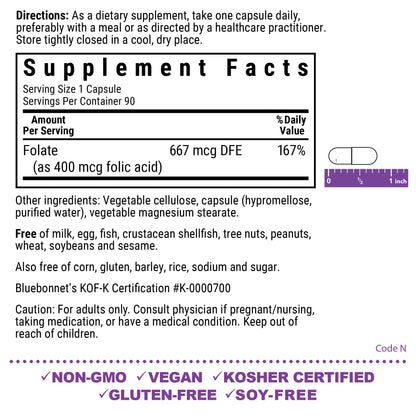 Bluebonnet Folic Acid 400 mcg - Prenatal & Postnatal Health, Non-GMO, Vegan