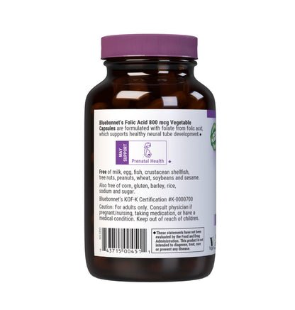 BlueBonnet Folic Acid 800mcg - 180 Veg Capsules (Non-GMO, Vegan, Kosher)