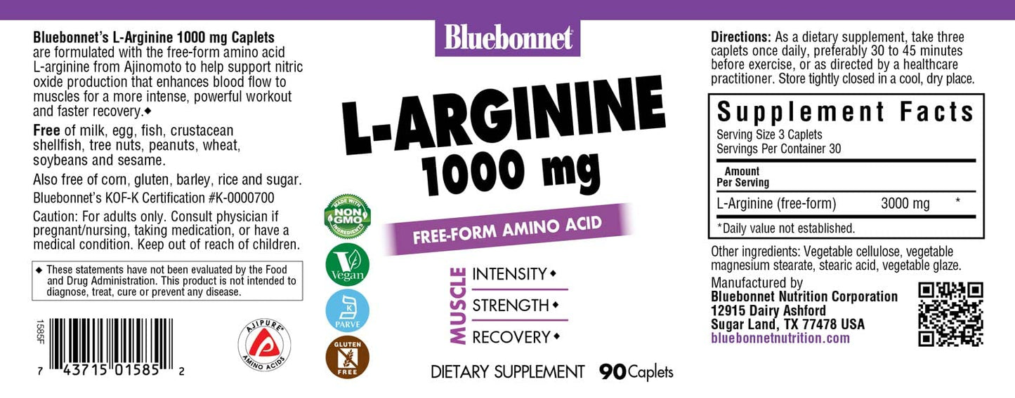 BlueBonnet L-Arginine 1000 mg Caplets – 90 Count | Nitric Oxide Support