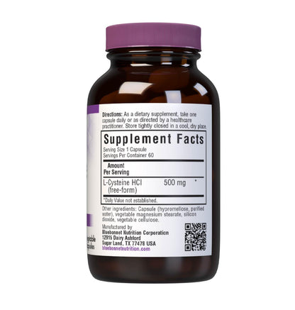 Bluebonnet L-Cysteine 500mg – Free-Form Amino Acid | Vegan & Kosher, Non-GMO | 60 Veg Capsules