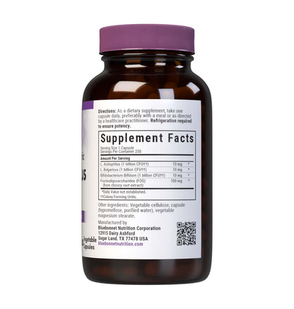 Bluebonnet Milk-Free Probiotic Acidophilus & FOS – 3 Billion CFU/Serving, 250 Veg Capsules, Gluten-Free & Dairy-Free