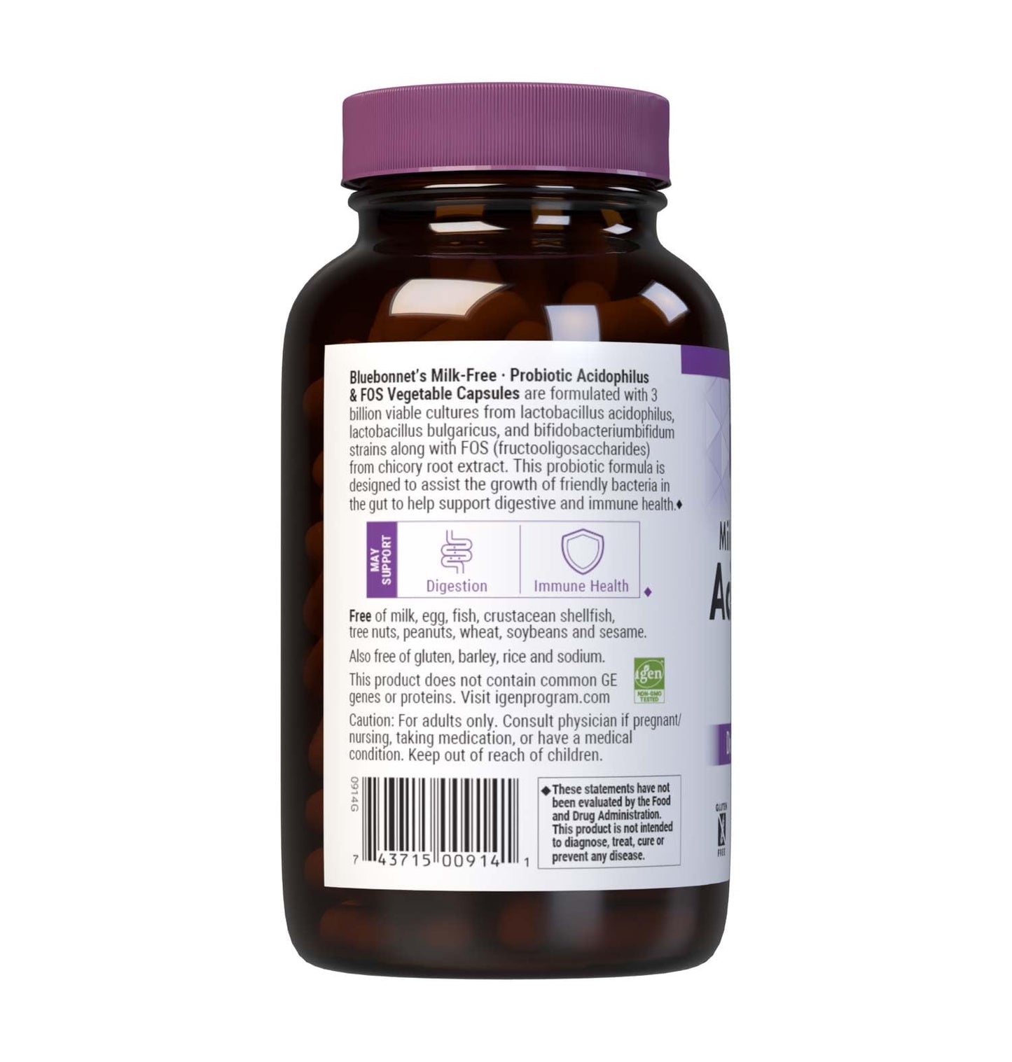 Bluebonnet Milk-Free Probiotic Acidophilus & FOS – 3 Billion CFU/Serving, 250 Veg Capsules, Gluten-Free & Dairy-Free