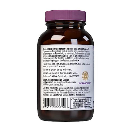 Bluebonnet Albion Extra-Strength Chelated Iron 27 mg – 90 Veg Capsules | Soy-Free, Gluten-Free, Non-GMO, Kosher, Dairy-Free, Vegan