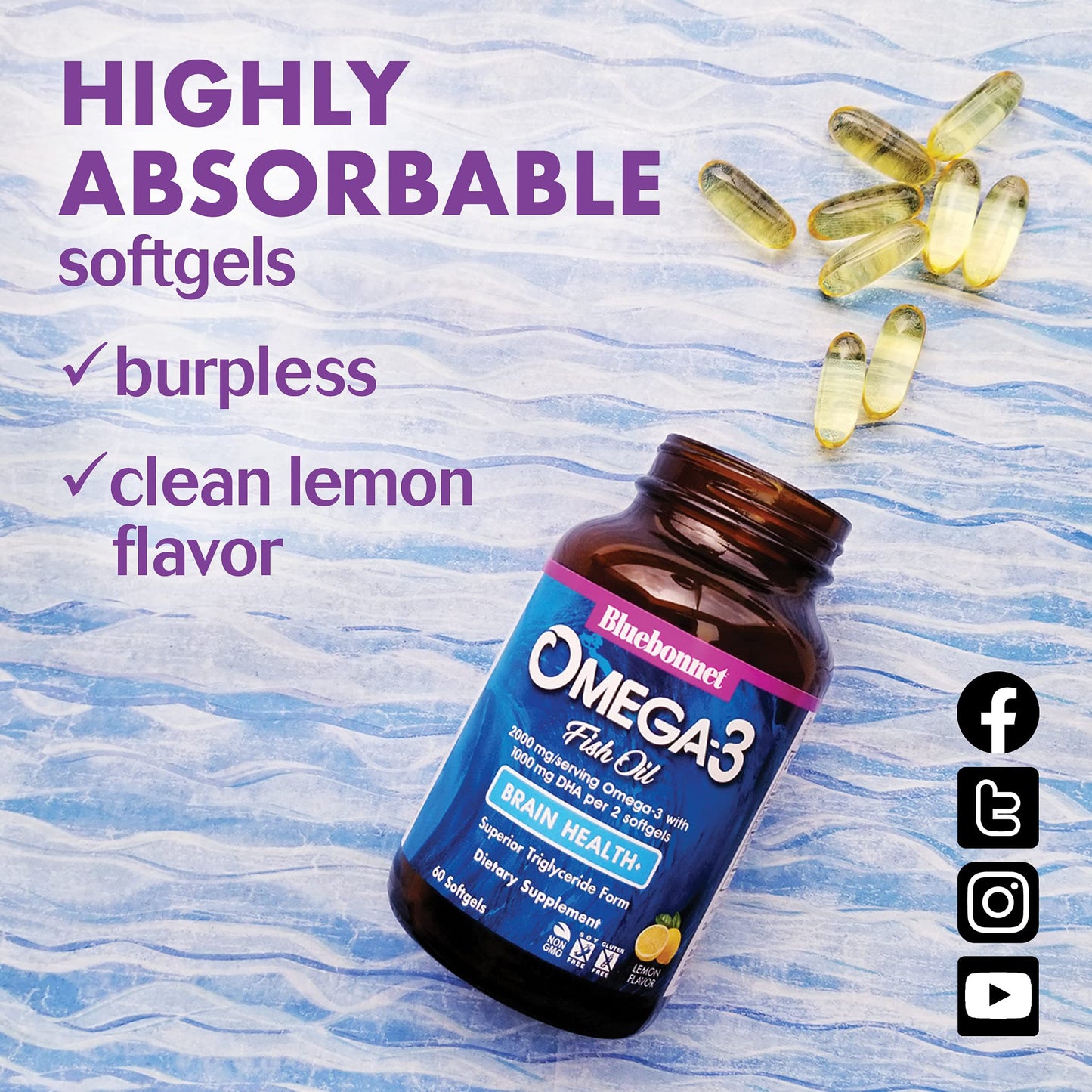 BlueBonnet Omega-3 Brain Formula – Wild-Caught DHA 1000 mg, EPA 210 mg | Burpless Lemon Softgels