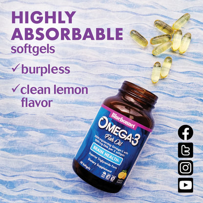 BlueBonnet Omega-3 Brain Formula – Wild-Caught DHA 1000 mg, EPA 210 mg | Burpless Lemon Softgels