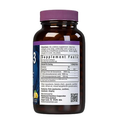 BlueBonnet Omega-3 Brain Formula – Wild-Caught DHA 1000 mg, EPA 210 mg | Burpless Lemon Softgels