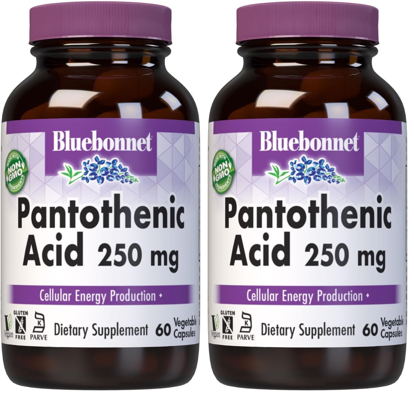 BlueBonnet Pantothenic Acid 250 mg – Vitamin B5 for Energy (2-Pack, 60 Veg Capsules)