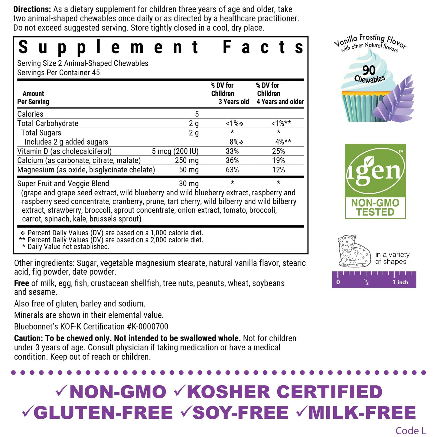 BlueBonnet Super Earth Rainforest Animalz Calcium Magnesium and Vitamin D3 Chews - Natural Vanilla Frosting, White, 90 Count