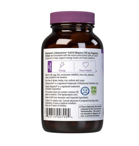 Bluebonnet Nutrition Active CoQ10 Ubiquinol 200 mg – Vegetarian Softgels, Non-GMO, Allergen-Free, 60 Servings