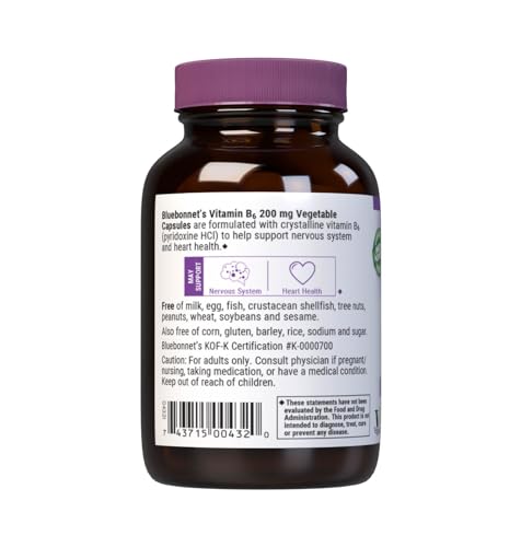 Bluebonnet Vitamin B6 200 mg Veg Capsules – 90 Servings | Vegan, Non-GMO, Gluten-Free