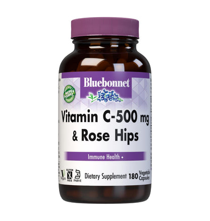 BlueBonnet Vitamin C 500 mg + Rose Hips Veg Capsules - 180 Count