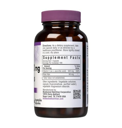 BlueBonnet Vitamin C 500 mg + Rose Hips Veg Capsules - 180 Count