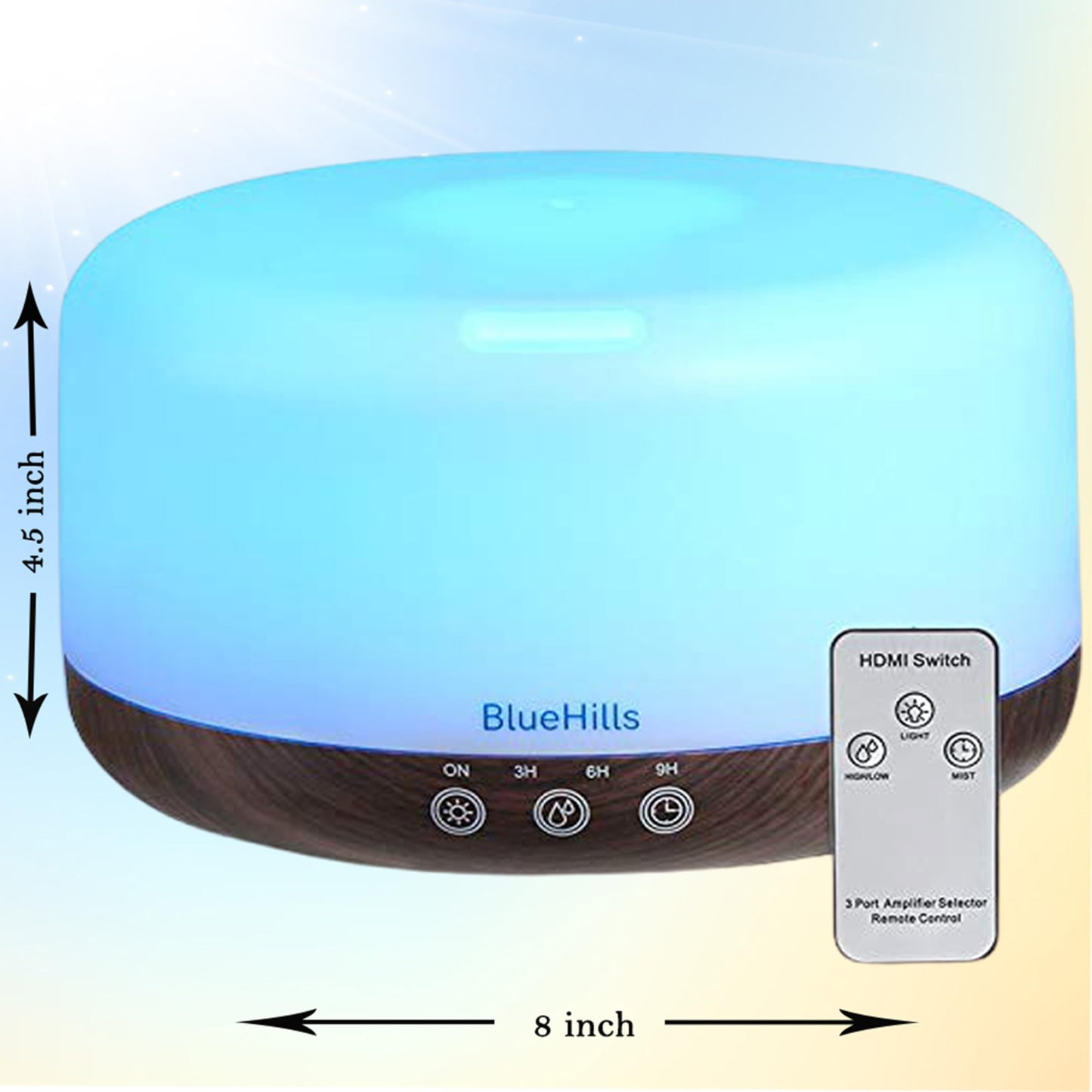 BlueHills Premium 1000ML Round Essential Oil Diffuser Humidifier – Dark Wood Grain with LED Lights (D002)