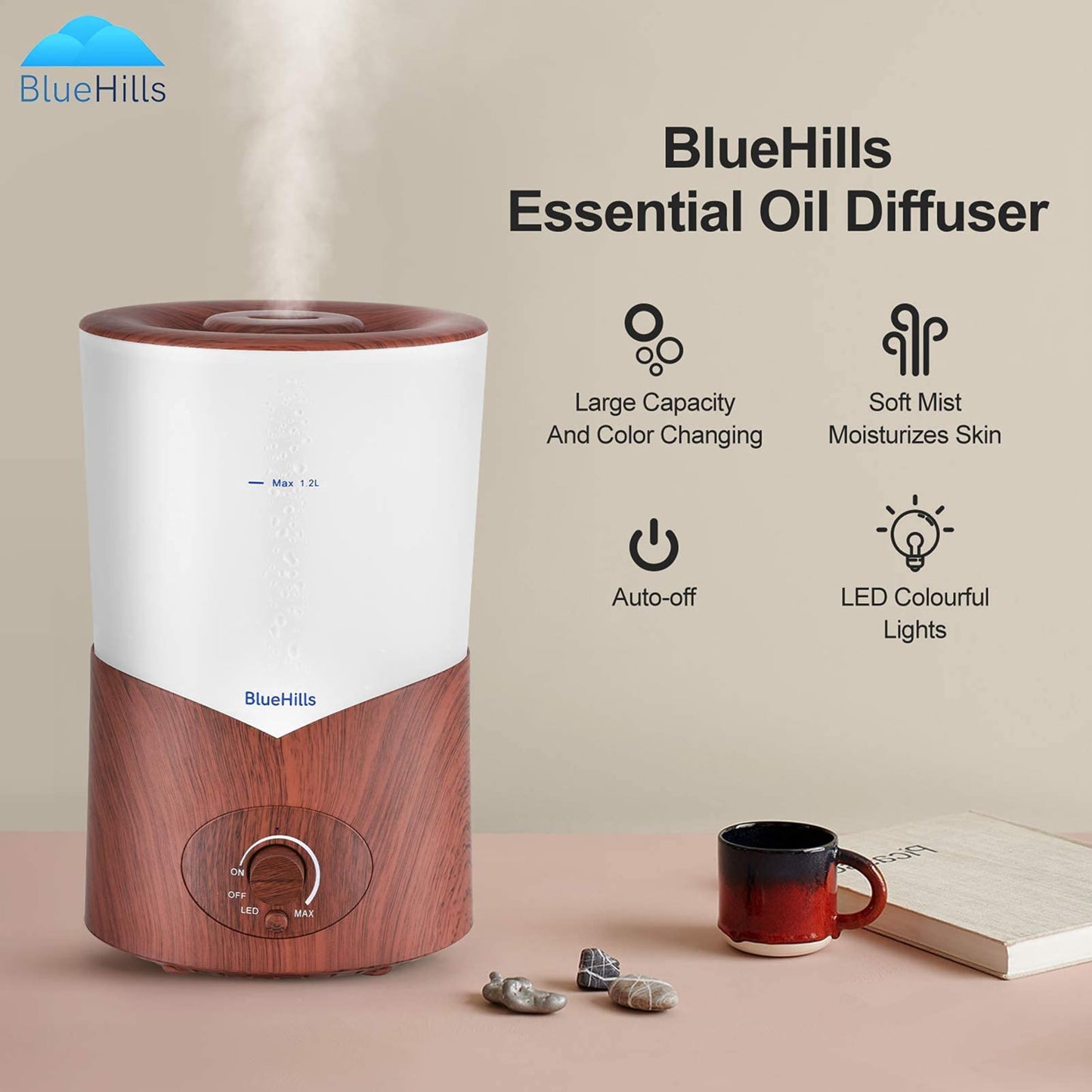 BlueHills Premium 1000ml Essential Oil Diffuser - Dark Wood Grain, Large 1L Humidifier for Big Rooms