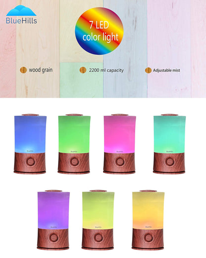 BlueHills Premium 2L XL Essential Oil Diffuser – Large Room Humidifier, 40-Hour Run, Dark Wood Grain E003