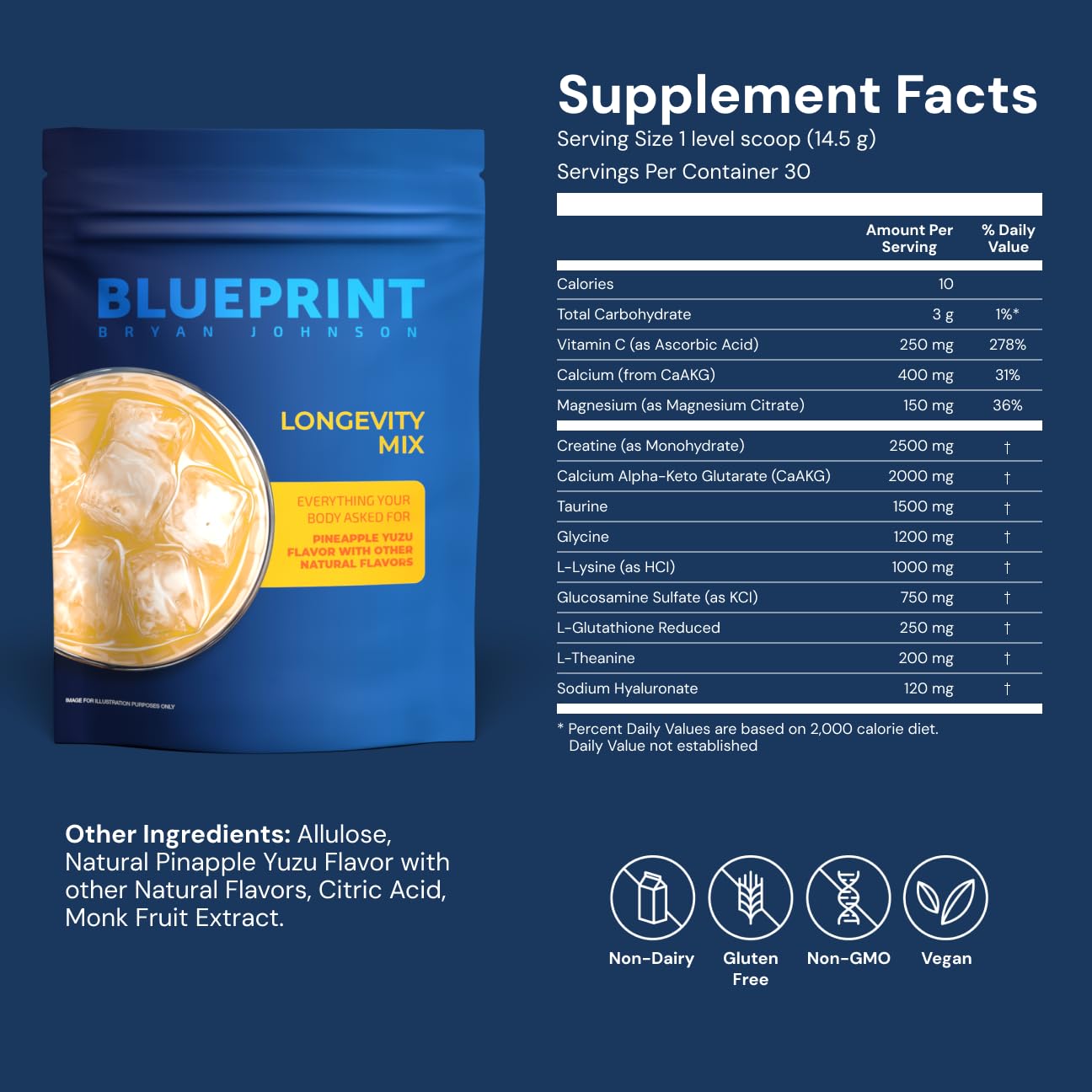 Blueprint Bryan Johnson Longevity Mix – Muscle Builder & Recovery Supplement (30 Servings, Pineapple Yuzu)