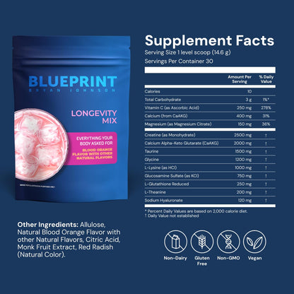 Blueprint Bryan Johnson Longevity Mix – Muscle Builder & Recovery Supplement (Blood Orange)