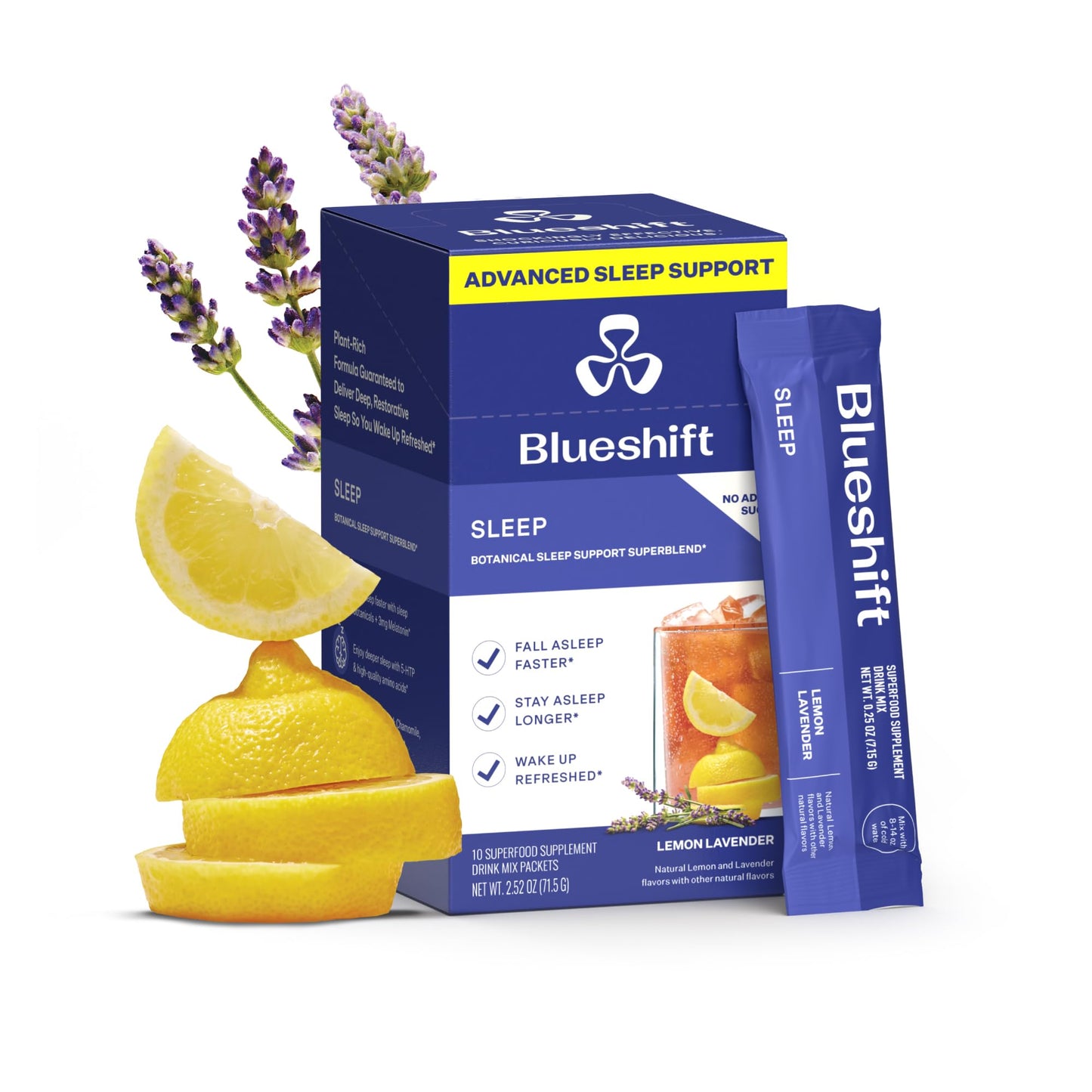 Blueshift Sleep Aid Powder for Adults - Lemon Lavender | 3 mg Melatonin, 5-HTP, Taurine & Glycine | 10 ct