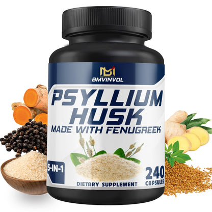 BMVINVOL Psyllium Husk Capsules – Fiber with Fenugreek, Turmeric, Ginger, Black Pepper | 240 Count