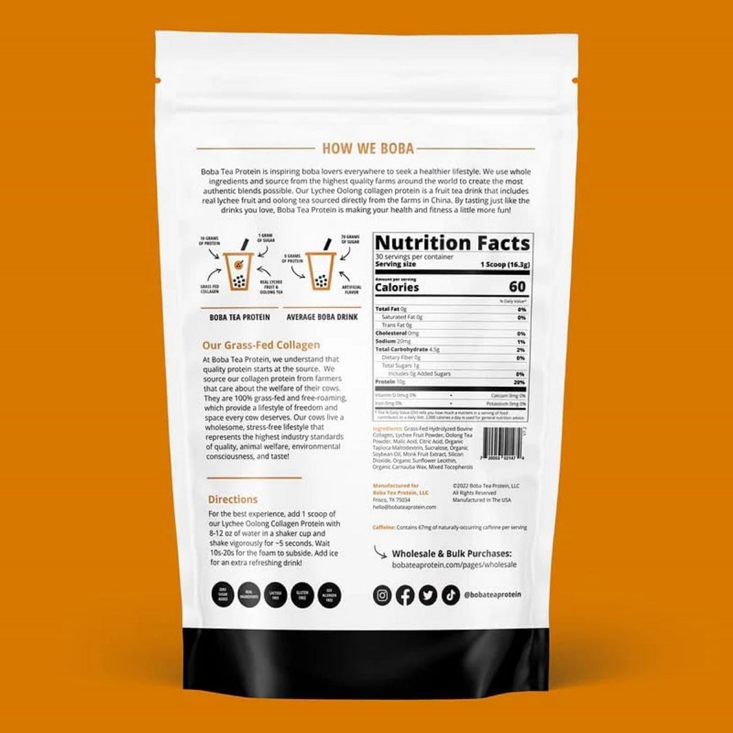 Boba Tea Protein Lychee Oolong Collagen | 30 Servings | Grass-Fed Hydrolyzed Bovine Collagen Powder