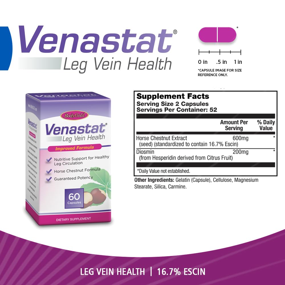 Body Gold Venastat – Leg Vein Support with Horse Chestnut & Diosmin (60 Veggie Capsules)