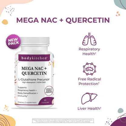 Body Kitchen Mega NAC 600 mg with Quercetin – Supports Respiratory Health & Immune Function (Veggie Caps, 2-Pack)