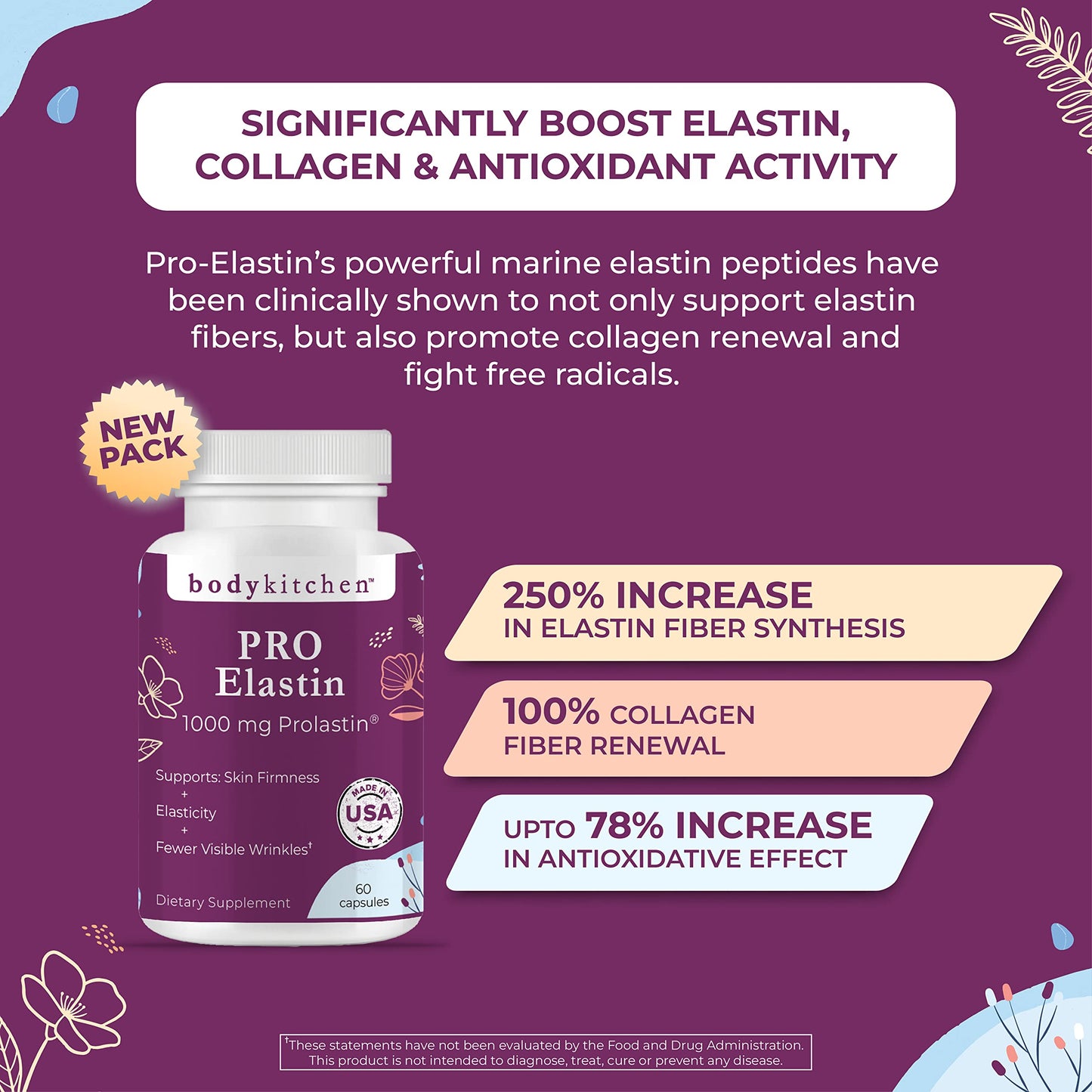 Body Kitchen Pro-Elastin 1000 mg Elastin Supplement – 3-Pack for Skin Elasticity and Firmness