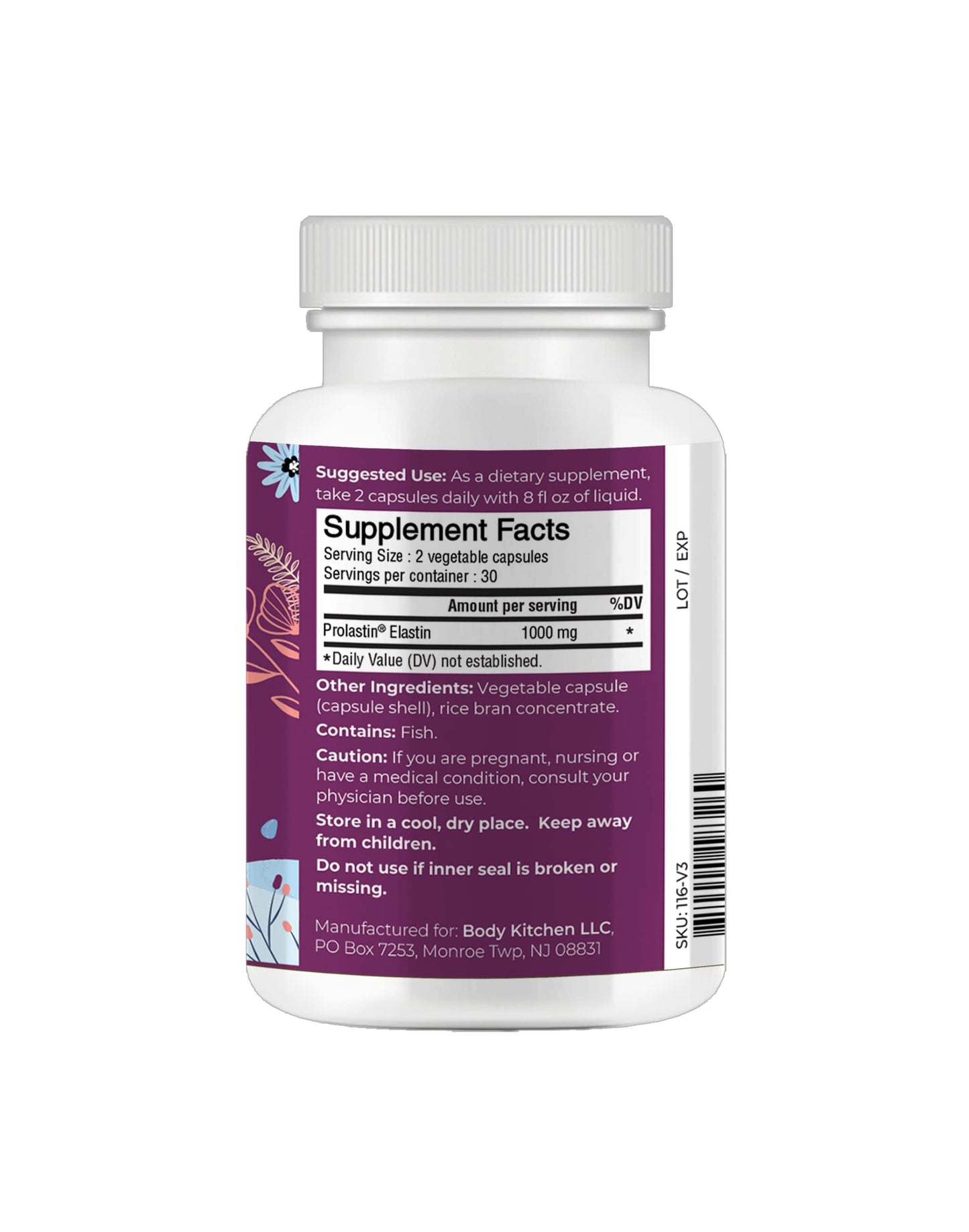 Body Kitchen Pro-Elastin 1000 mg Elastin Supplement – 3-Pack for Skin Elasticity and Firmness