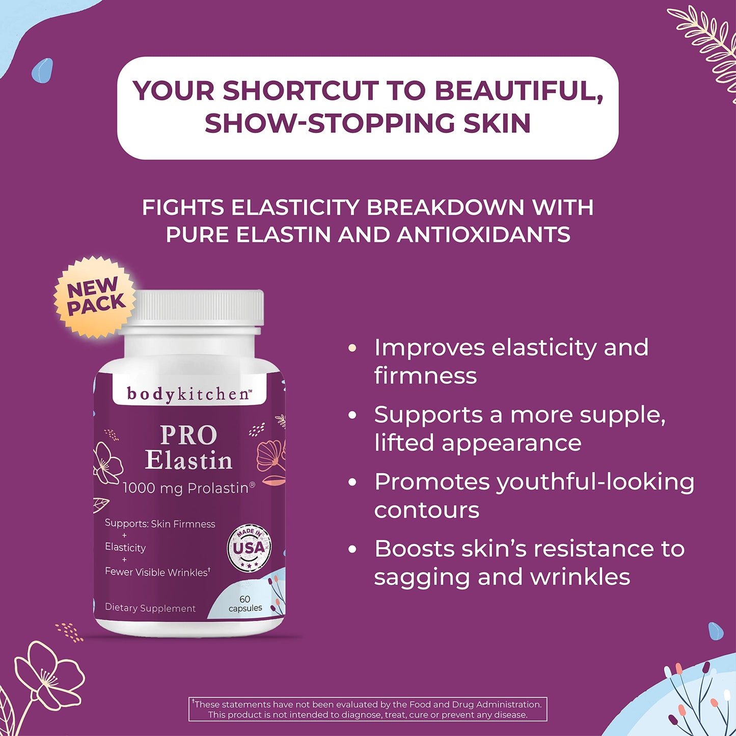Body Kitchen Pro-Elastin 1000 mg Elastin Supplement – 3-Pack for Skin Elasticity and Firmness