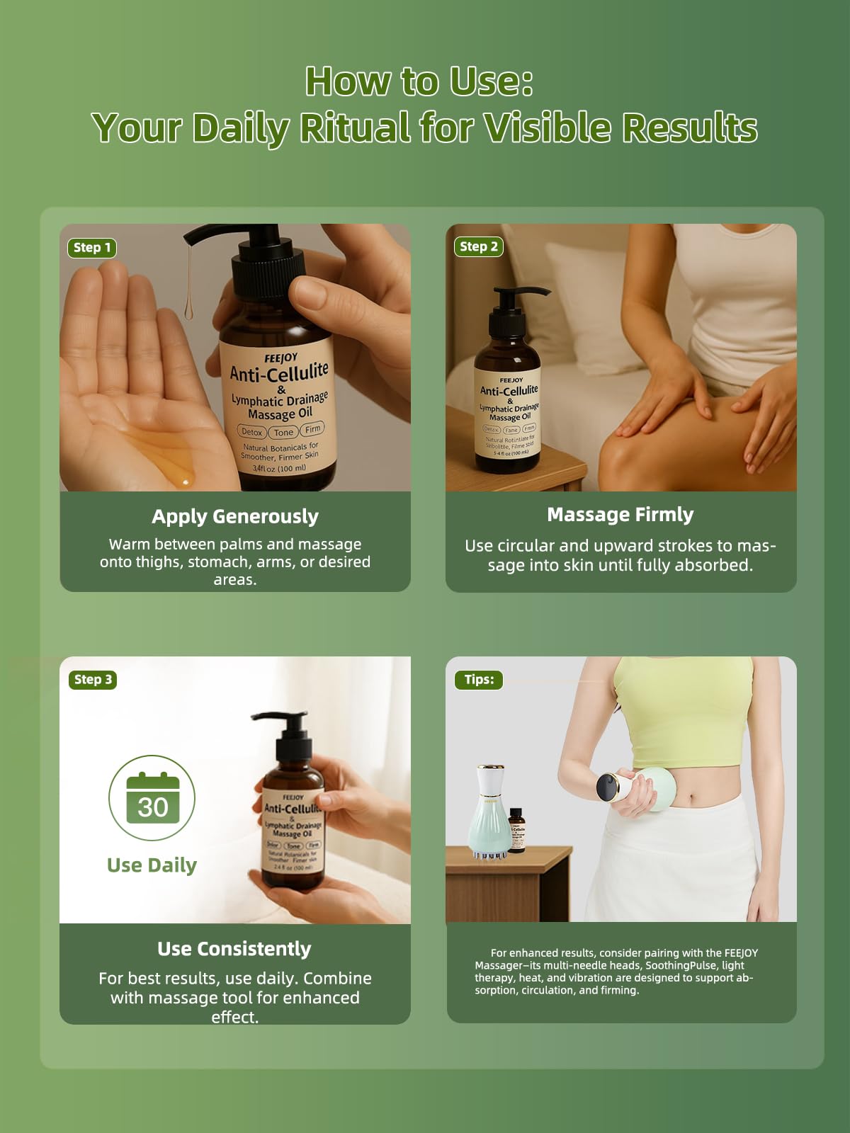 Body Oil & Massage Oil for Cellulite, Lymphatic Drainage & Skin Tightening | Daily Use