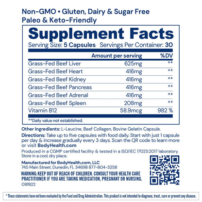 BodyHealth Organ+ Grass-Fed Glandular Complex – Grass-Fed Beef Organ Supplement (150 Capsules)