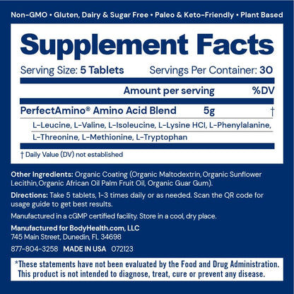 BodyHealth PerfectAmino – Easy to Swallow Tablets | Essential Amino Acids + BCAAs, Vegan Protein (36 Servings)