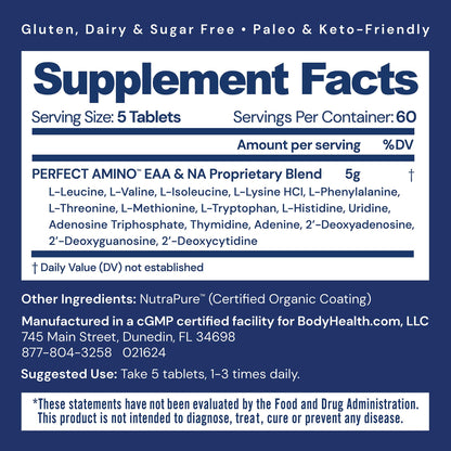 BodyHealth PerfectAmino (300 ct) – Easy to Swallow Vegan Amino Acids for Pre/Post Workout