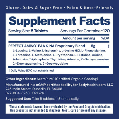 BodyHealth PerfectAmino (600 ct) – Easy-to-Swallow Vegan Amino Tablets for Muscle Recovery & Strength