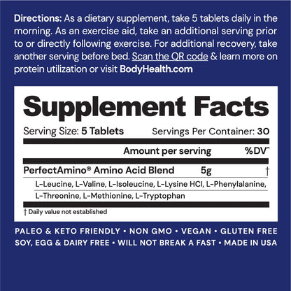 BodyHealth PerfectAmino Tablets - Essential Amino Acids + BCAAs (150ct + 30ct Travel Bottle)