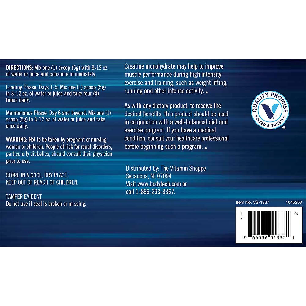 BODYTECH 100% Pure Creatine Monohydrate Powder – Micronized, Unflavored, 5g per Serving | 181 Servings