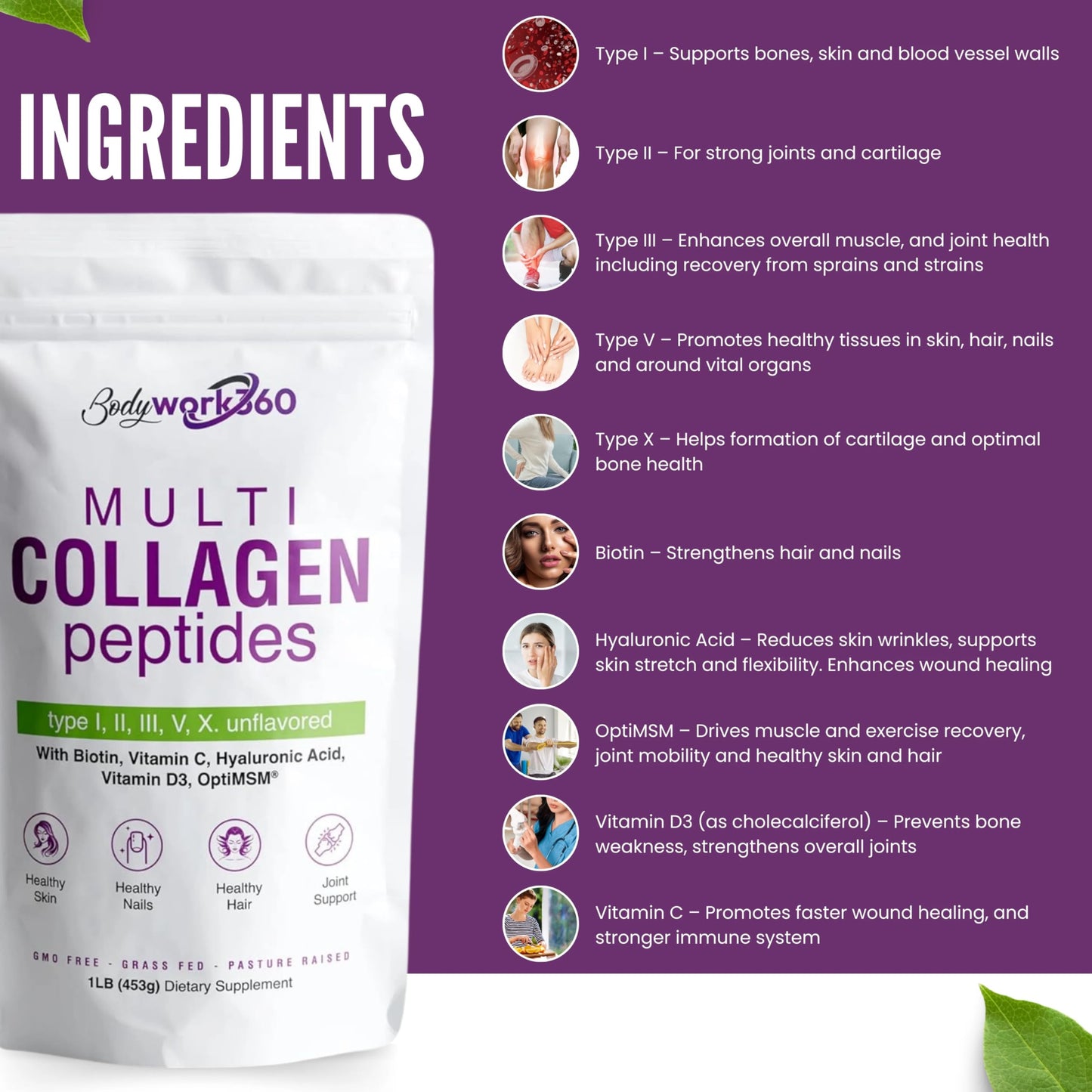 BODYWORK360 Multi Collagen Peptides Powder – 10-in-1 Unflavored (Type I–X, HA, Biotin)