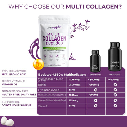 BODYWORK360 Multi Collagen Peptides Powder – 10-in-1 Unflavored (Type I–X, HA, Biotin)