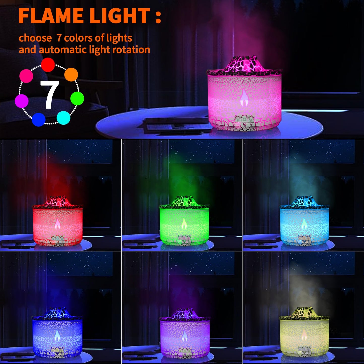 BOHOFAM 360ml Essential Oil Diffuser – Volcano & Flame Humidifier with 2 Modes & 7 Color Lights